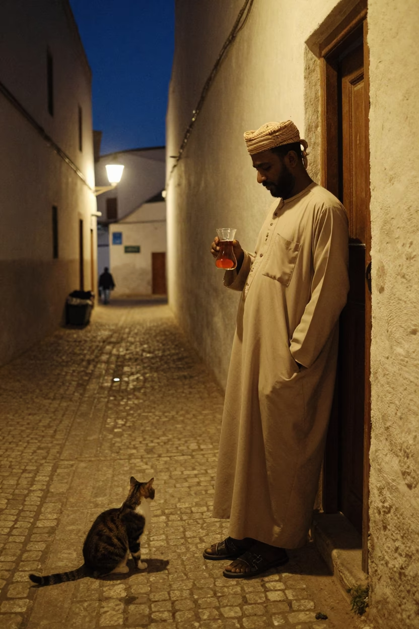Midnight Street Scene in Essaouira Morocco with Glass Carafe and Cat in in Essaouira, Morocco