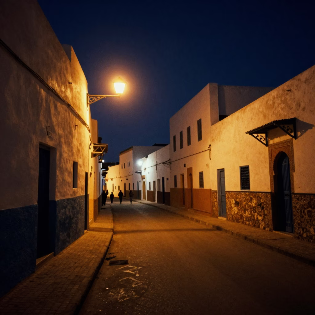 Midnight street scene in Essaouira Morocco with glowing lanterns and local activity in in Essaouira, Morocco