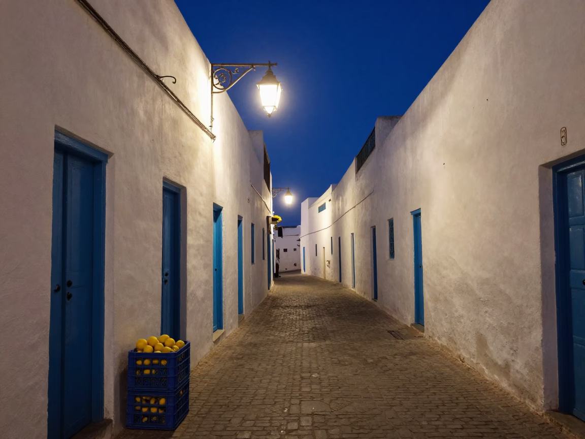 Midnight Street Scene in Essaouira Morocco with Lantern and Lemon Crate in in Essaouira, Morocco