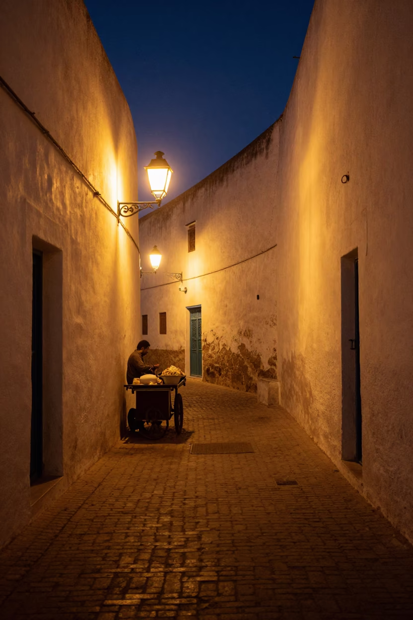 Midnight Street Scene in Essaouira Morocco with Lantern Light and Local Food in in Essaouira, Morocco