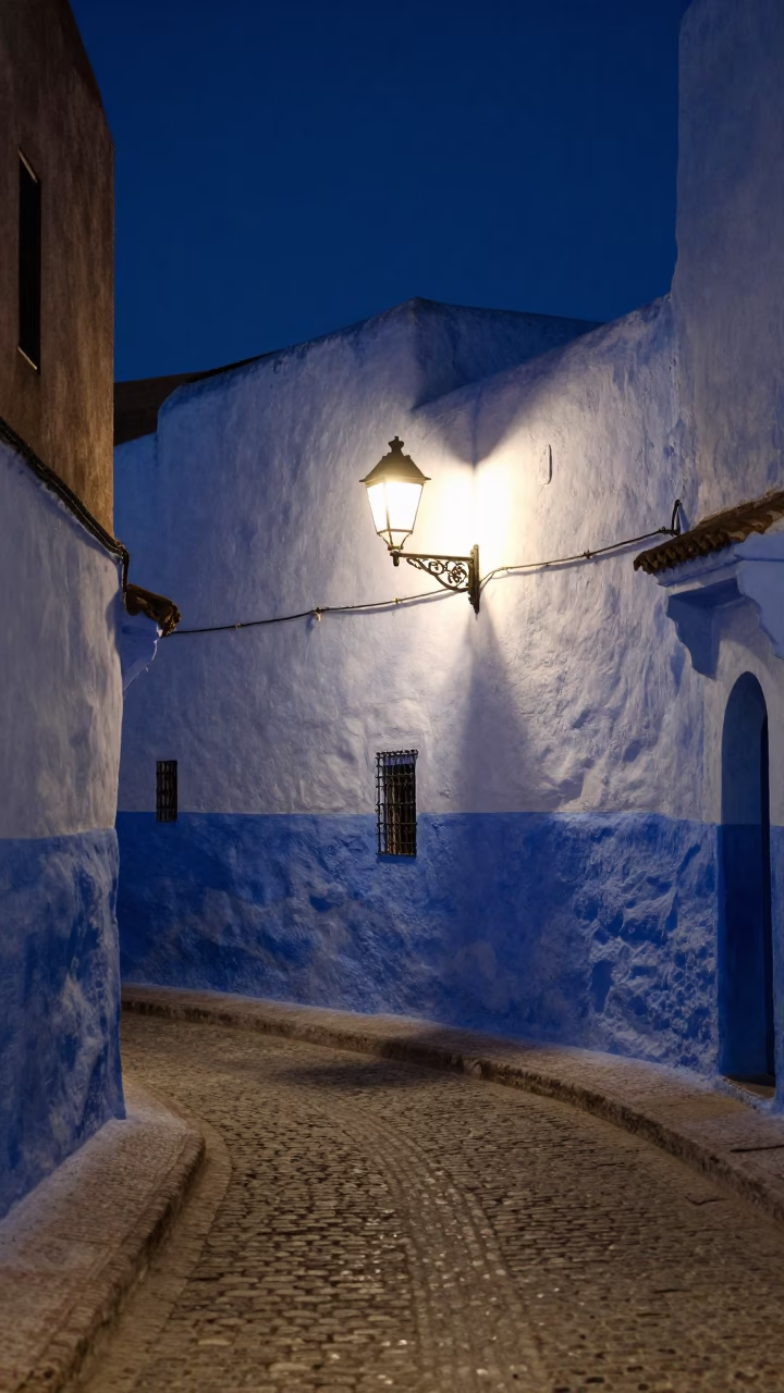 Midnight Street Scene in Essaouira Morocco with Lantern Light and Local Life in in Essaouira, Morocco