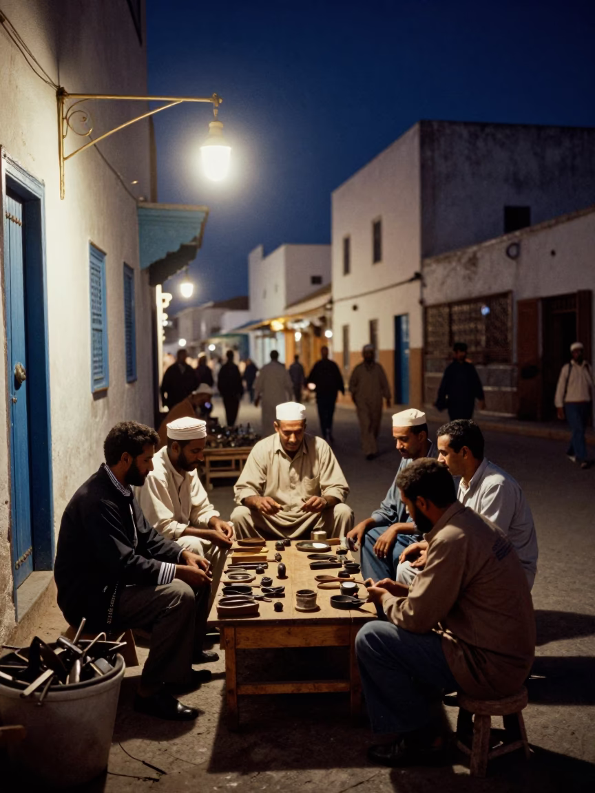 Midnight Street Scene in Essaouira Morocco with Local Artisans and Tools in in Essaouira, Morocco
