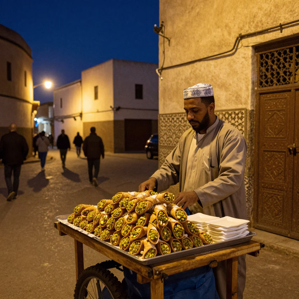 Midnight Street Scene in Essaouira Morocco with Local Street Vendor and Traditional Food in in Essaouira, Morocco