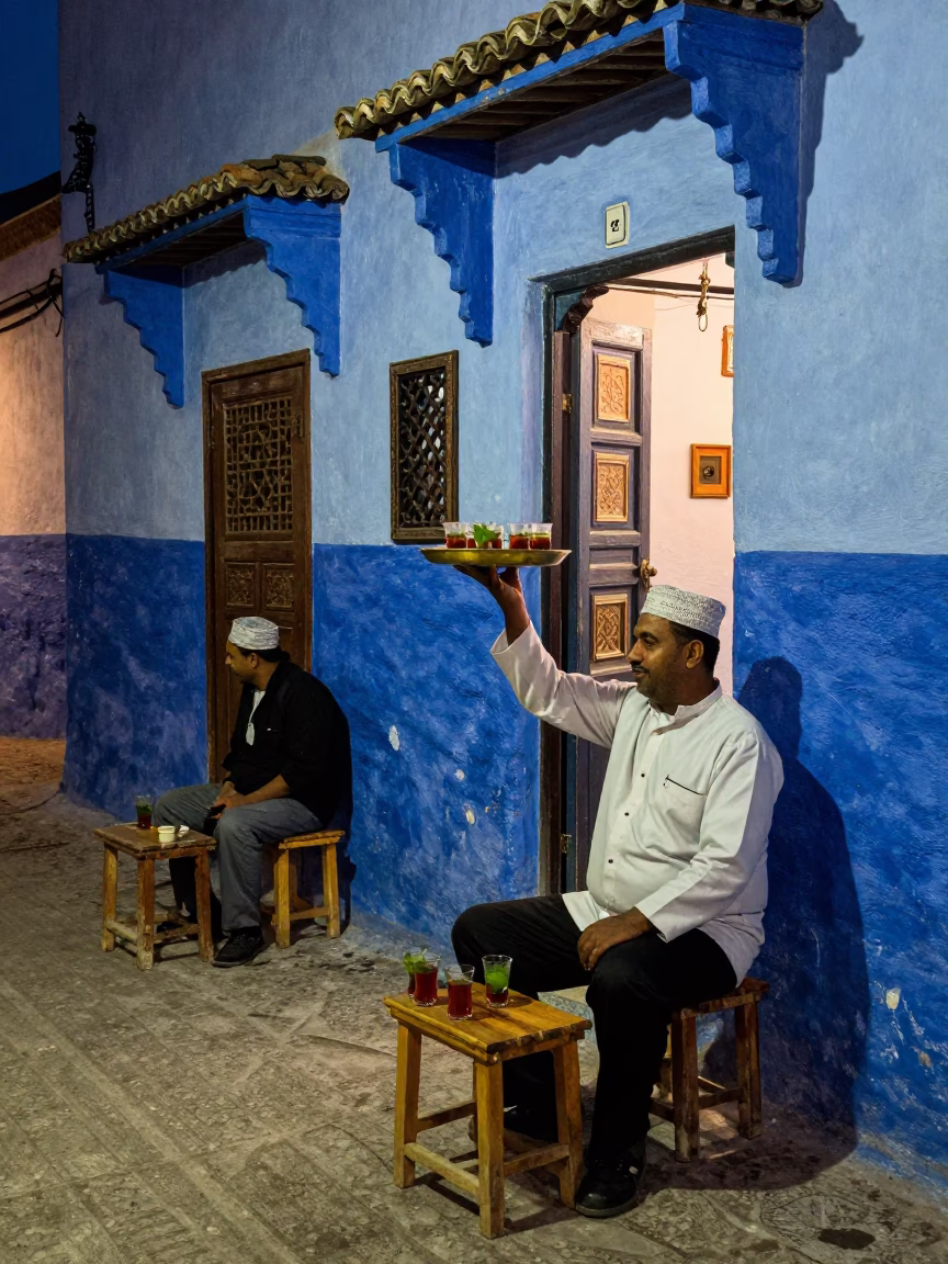 Midnight Street Scene in Essaouira Morocco with Local Tea Service in in Essaouira, Morocco