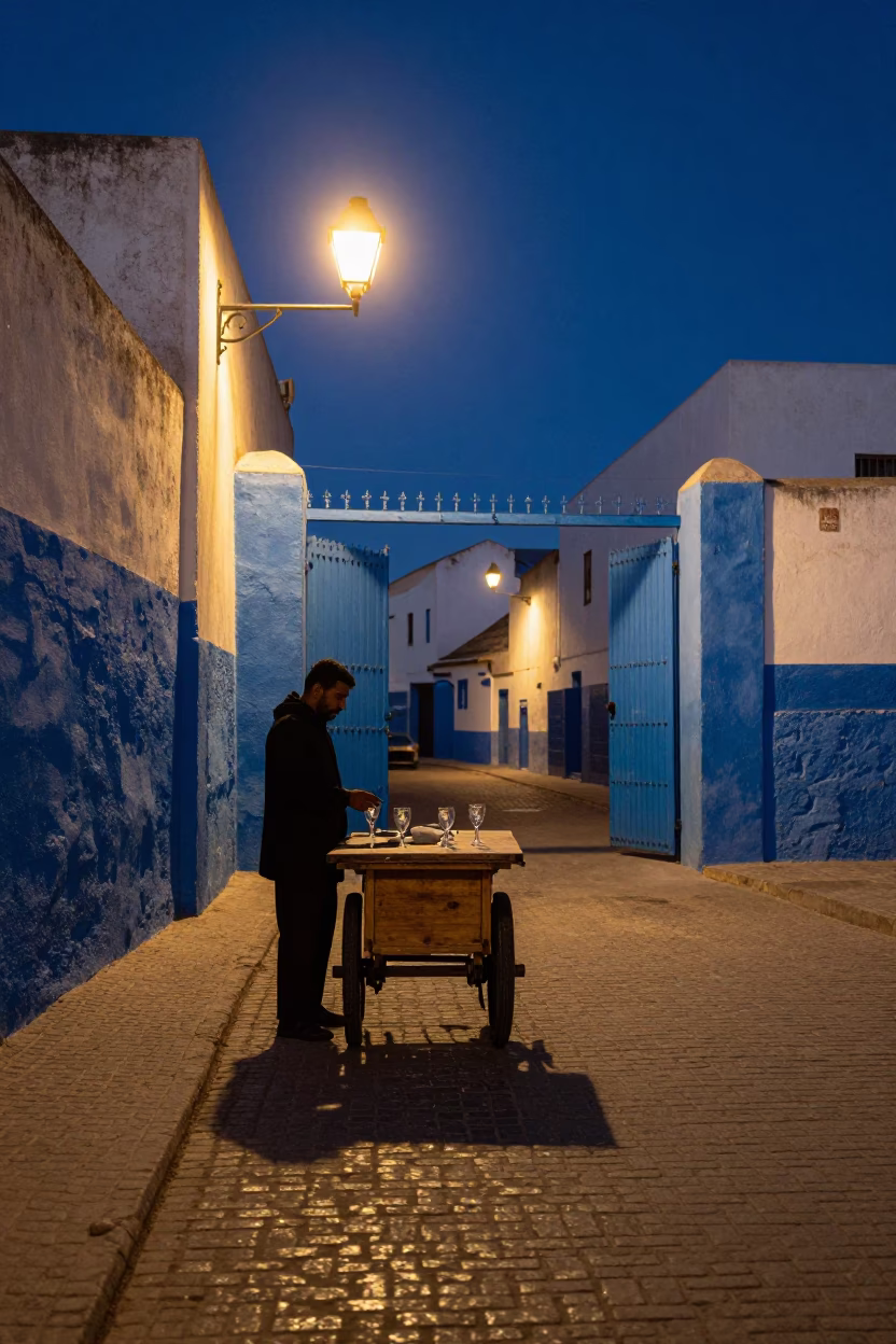 Midnight Street Scene in Essaouira Morocco with Local Vendor and Glass of Sugarcane Juice in in Essaouira, Morocco