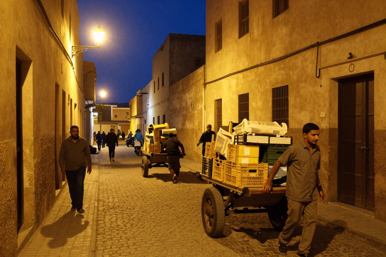 Midnight Street Scene in Essaouira Morocco with Rolling Carts and Local Activity in in Essaouira, Morocco