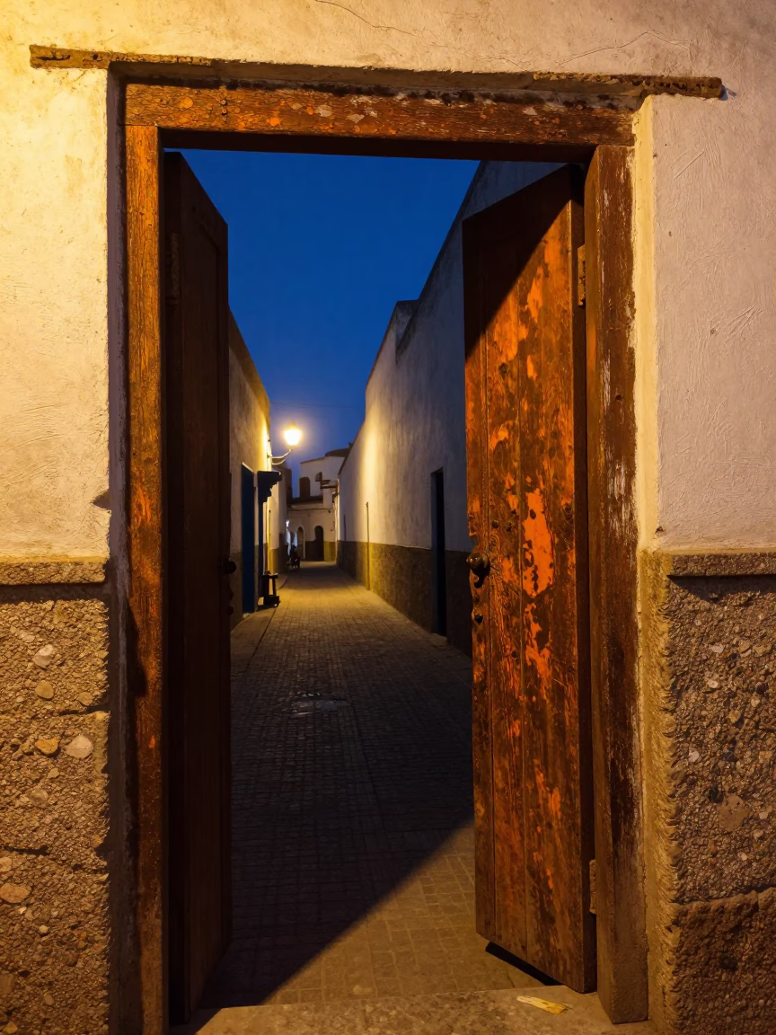 Midnight Street Scene in Essaouira Morocco with Rusty Doorframe and Stone Architecture in in Essaouira, Morocco