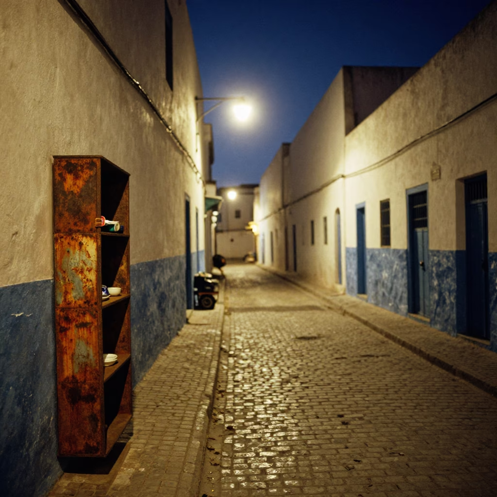 Midnight Street Scene in Essaouira Morocco with Rusty Shelf and Local Interaction in in Essaouira, Morocco