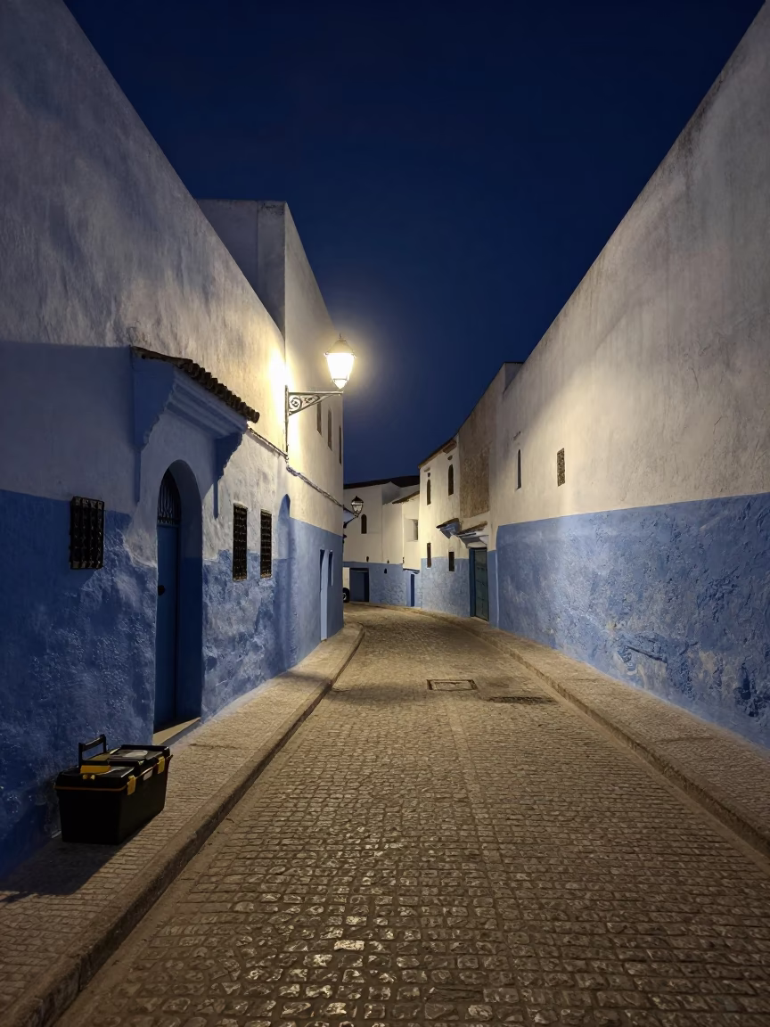Midnight Street Scene in Essaouira Morocco with Toolbox and Harbor Light in in Essaouira, Morocco