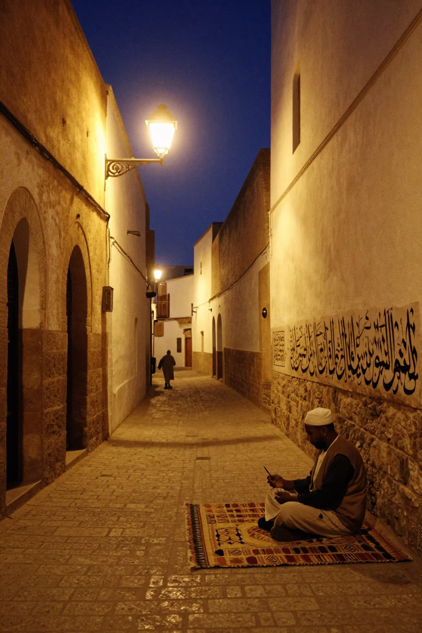 Midnight Street Scene in Essaouira Morocco with Traditional Calligraphy Demonstration in in Essaouira, Morocco