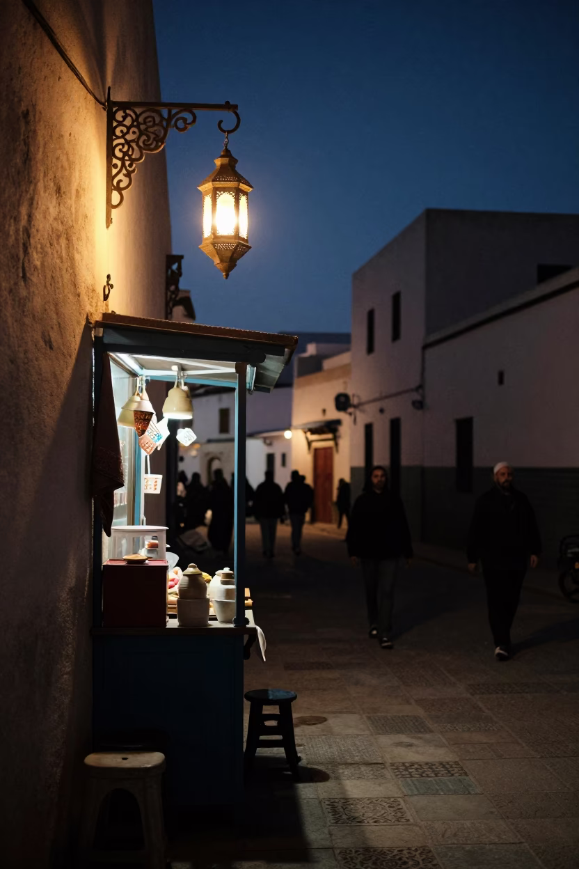 Midnight Street Scene in Essaouira Morocco with Traditional Lantern and Local Interaction in in Essaouira, Morocco