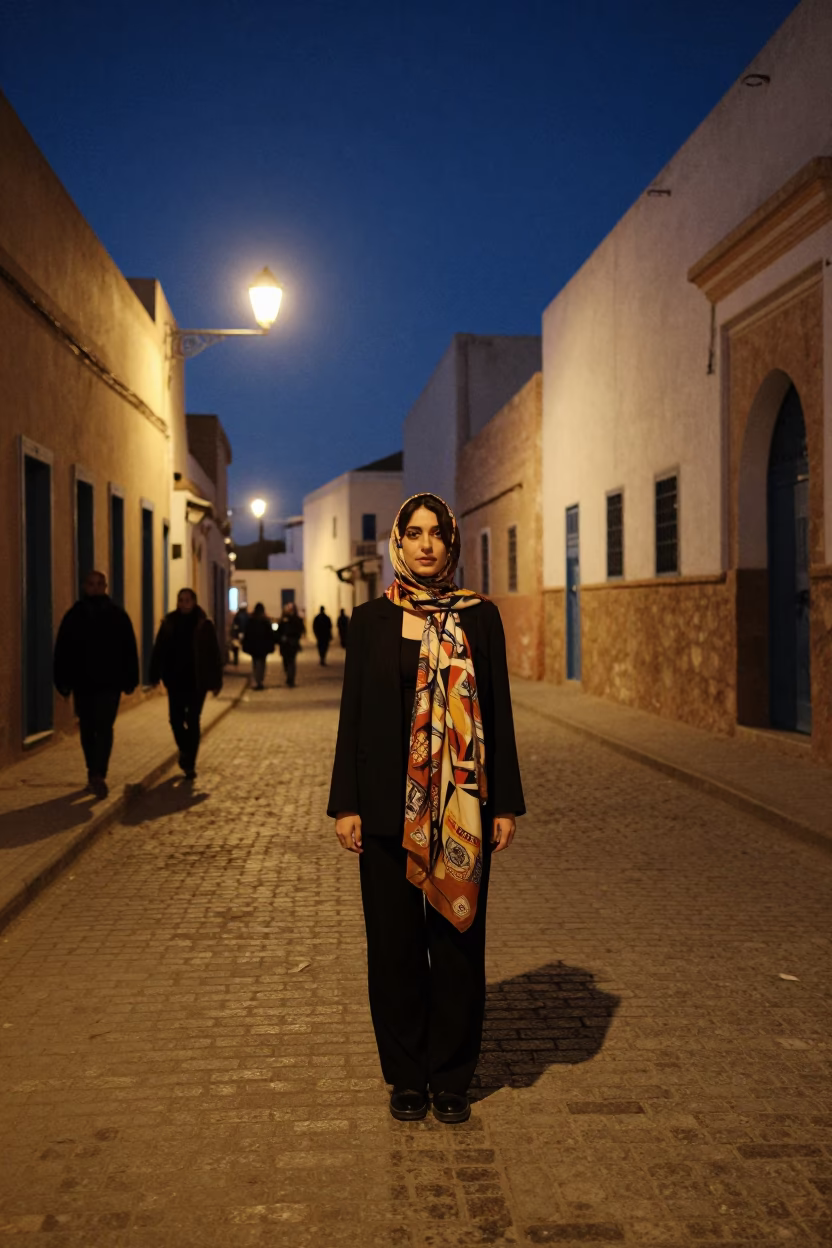 Midnight Street Scene in Essaouira Morocco with Vintage 1980s High Fashion Elements in in Essaouira, Morocco