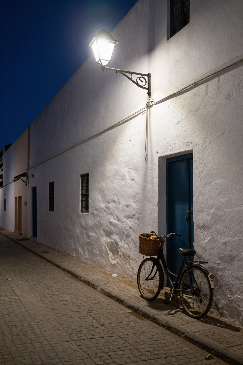 Midnight street scene in Essaouira Morocco with vintage bicycle and traditional pottery in in Essaouira, Morocco
