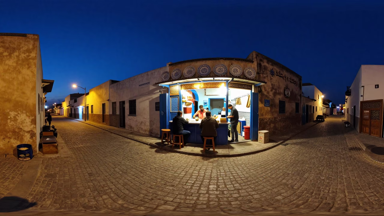Midnight Street Scene in Essaouira Morocco with Vintage Majolica Plate and Tablecloth in in Essaouira, Morocco