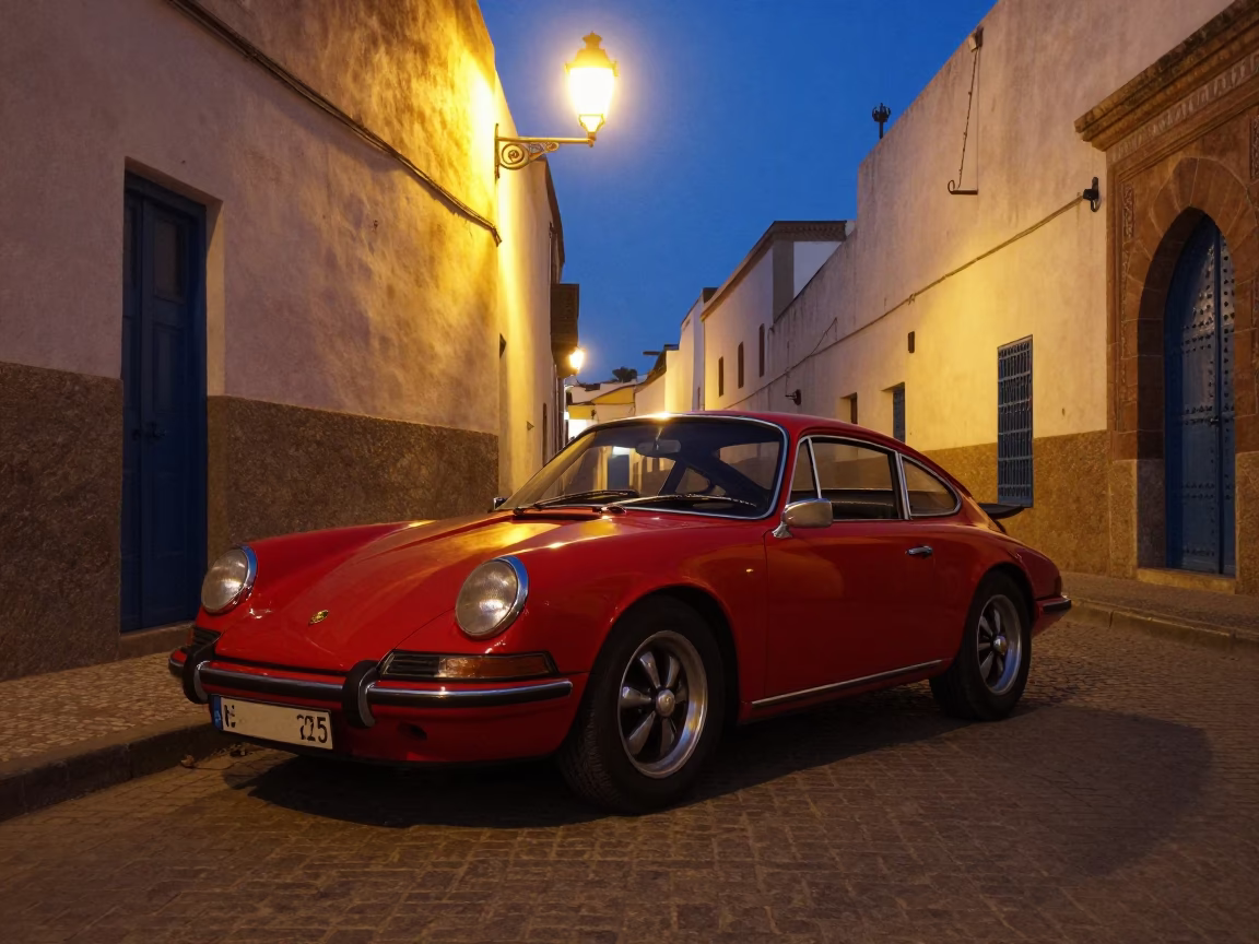 Midnight Street Scene in Essaouira Morocco with Vintage Red Sports Car and Local Interaction in in Essaouira, Morocco