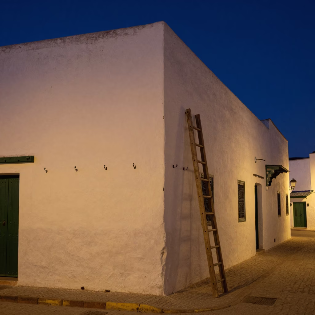 Midnight Street Scene in Essaouira Morocco with Wall Hooks and Ladder in in Essaouira, Morocco