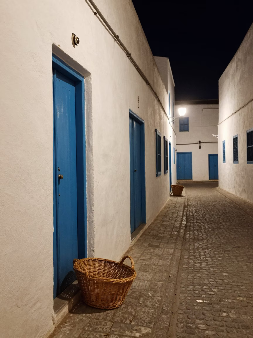 Midnight Street Scene in Essaouira Morocco with Wicker Hamper and Alarm Clock in in Essaouira, Morocco