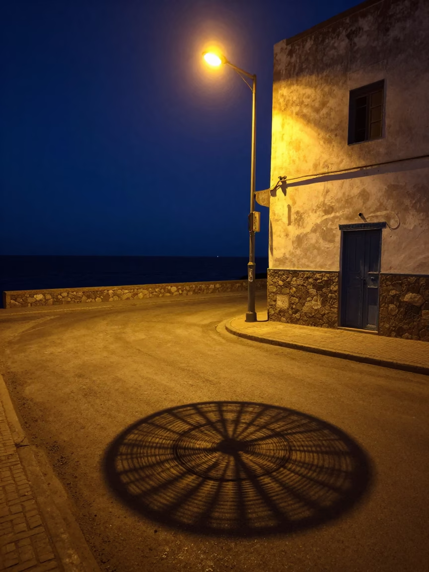 Midnight street scene in Essaouira Morocco with wicker shadow and coastal wind in in Essaouira, Morocco