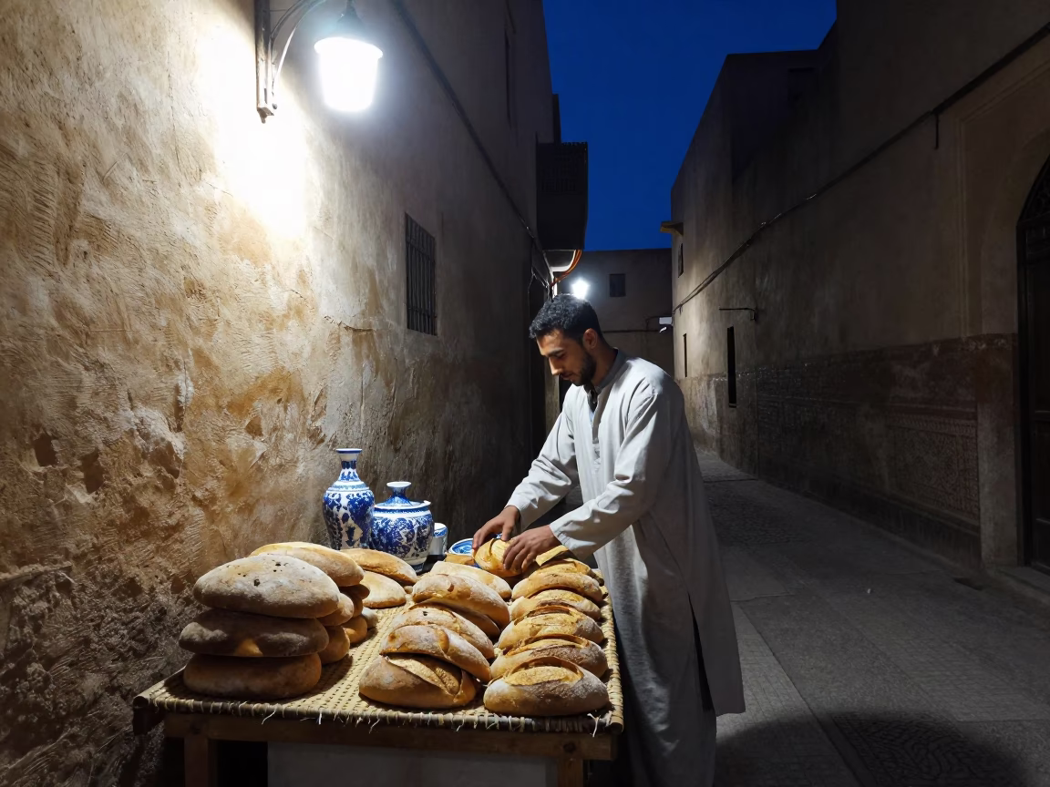 Midnight Street Scene in Fez Morocco with Bread and Porcelain in in Fez, Morocco