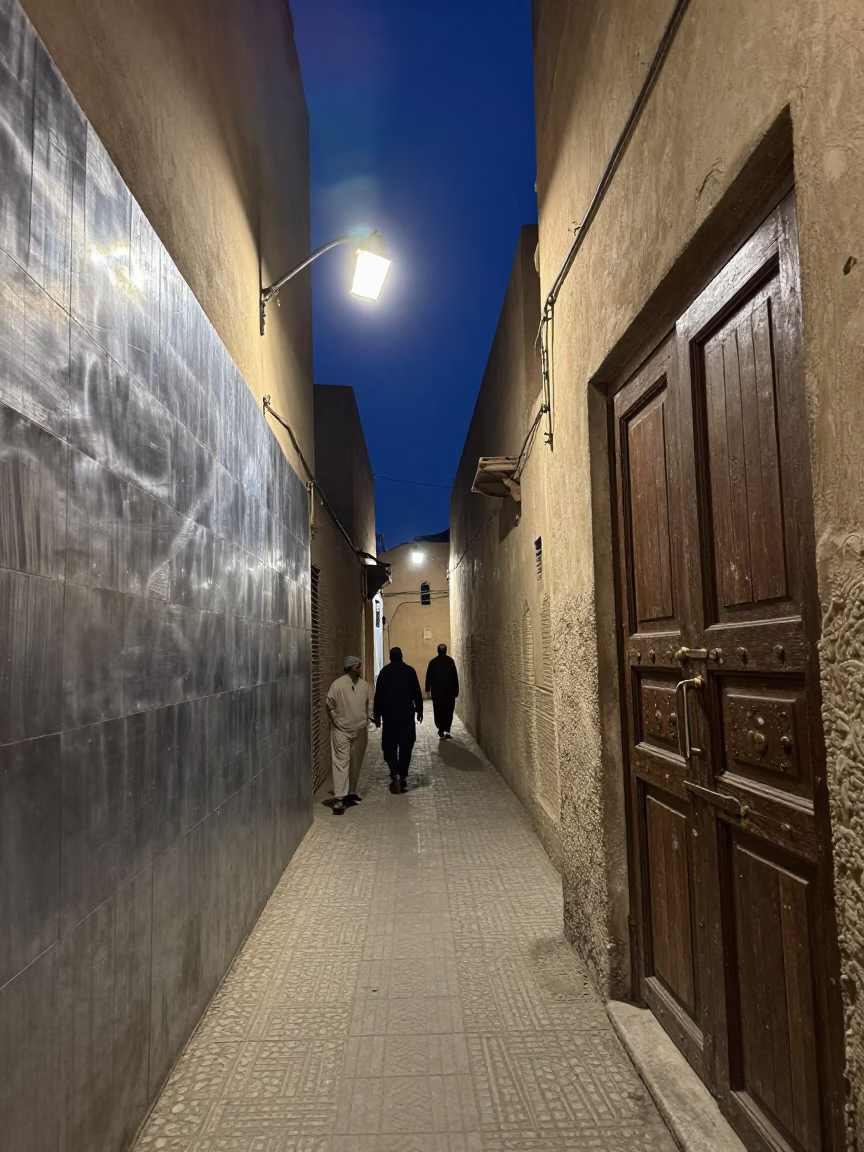 Midnight Street Scene in Fez Morocco with Brushed Steel Wall and Deadbolt in in Fez, Morocco