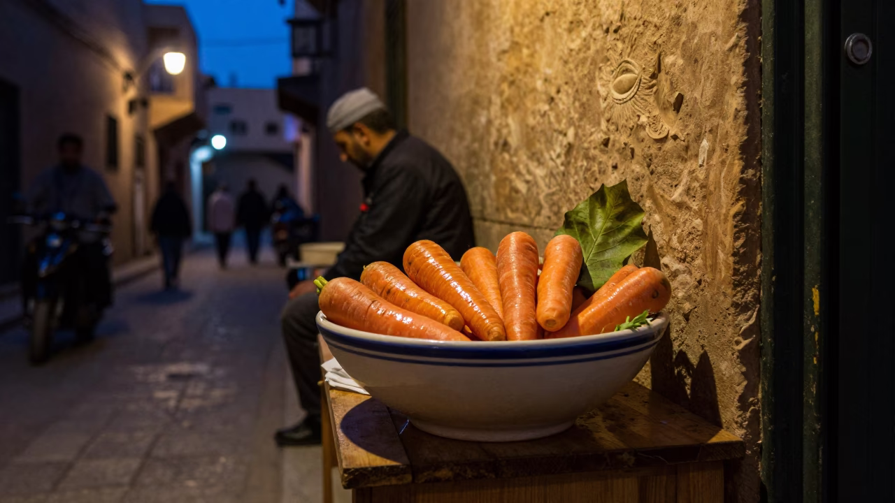 Midnight Street Scene in Fez Morocco with Ceramic Bowl and Leaf Shadows on Rail in in Fez, Morocco