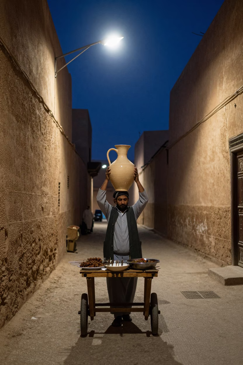 Midnight Street Scene in Fez Morocco with Ceramic Pitcher and Kebab in in Fez, Morocco