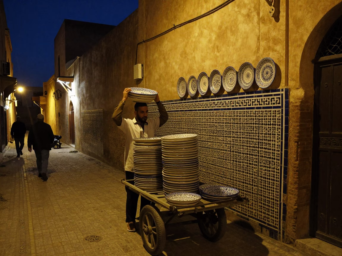 Midnight Street Scene in Fez Morocco with Ceramic Plate and Patterned Fish Scales in in Fez, Morocco