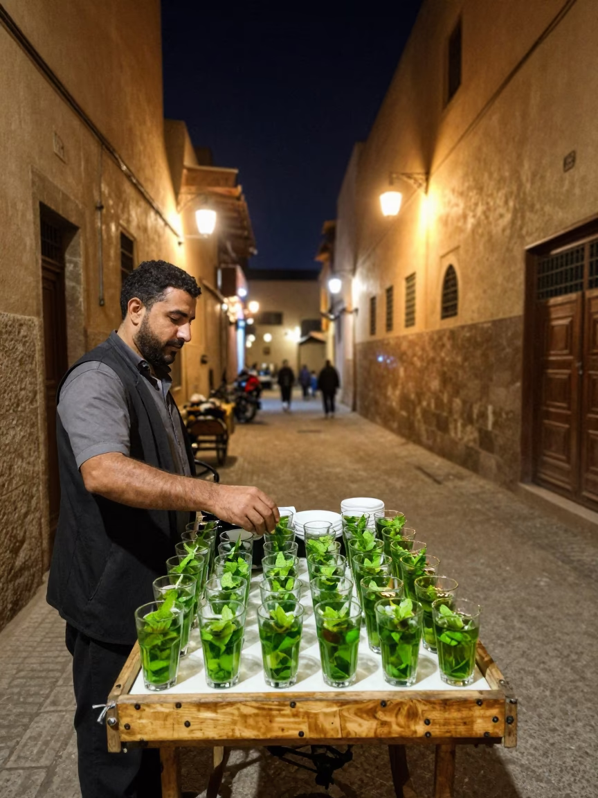 Midnight Street Scene in Fez Morocco with Glass Tumblers and Mint Leaves in in Fez, Morocco