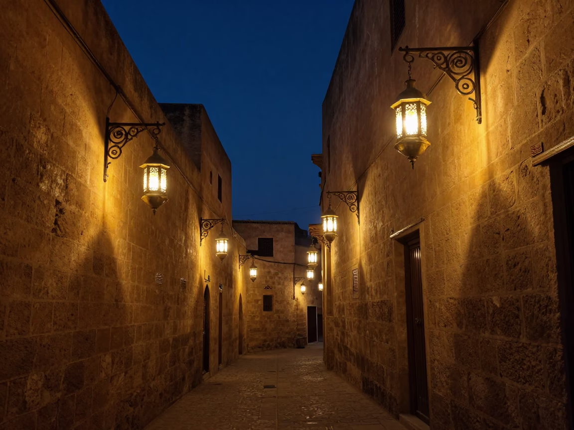 Midnight Street Scene in Fez Morocco with Hanging Lanterns and Traditional Architecture in in Fez, Morocco