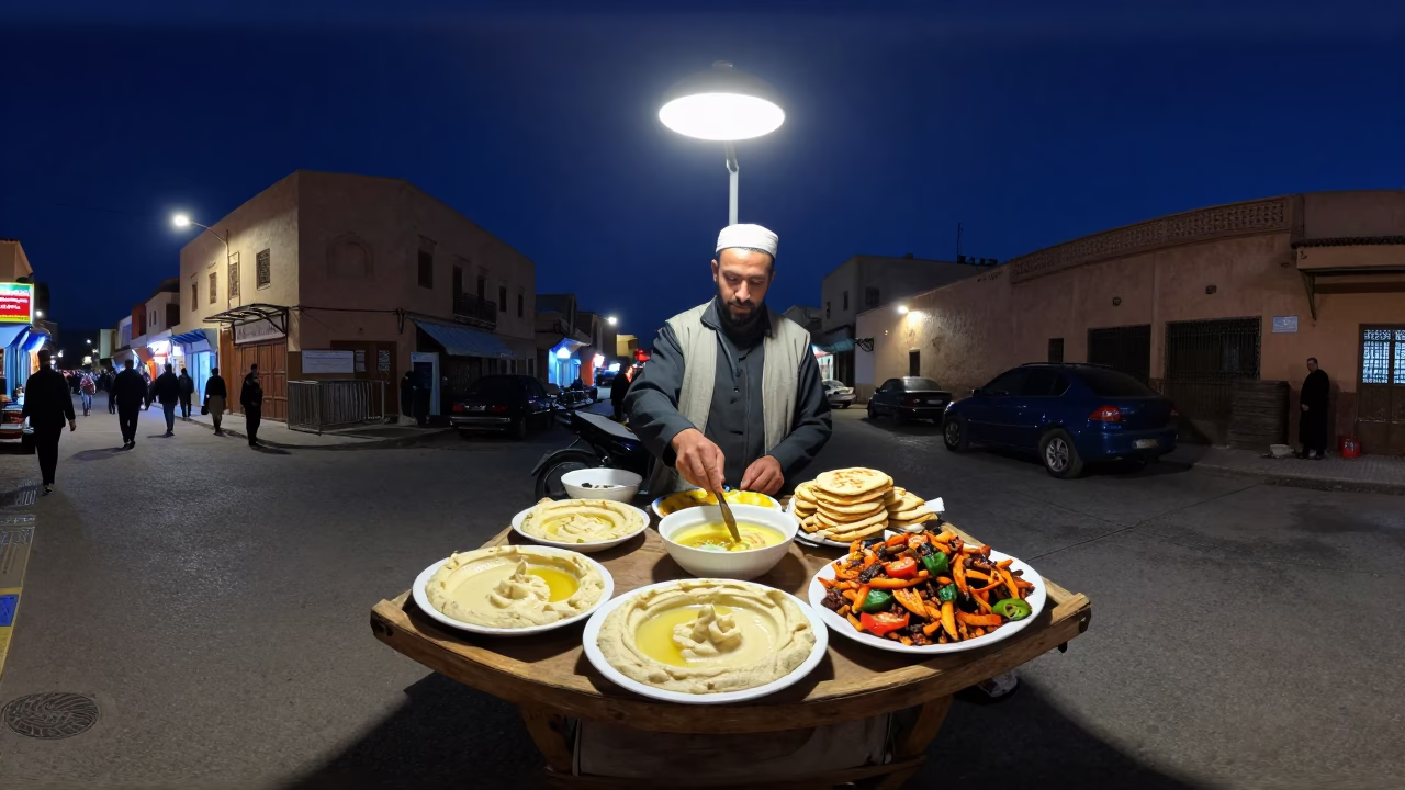 Midnight Street Scene in Fez Morocco with Hummus and Fajita in in Fez, Morocco