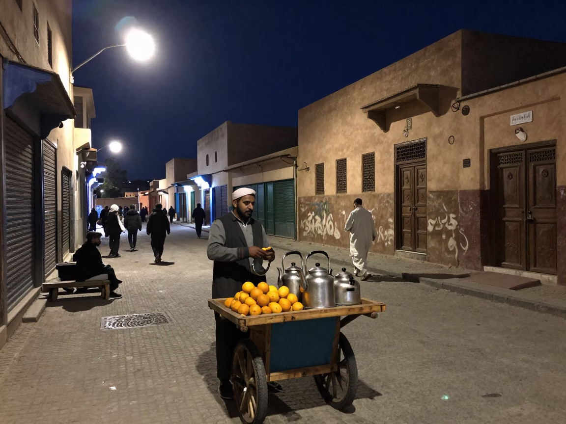 Midnight Street Scene in Fez Morocco with Kettle and Oranges on Tin in in Fez, Morocco