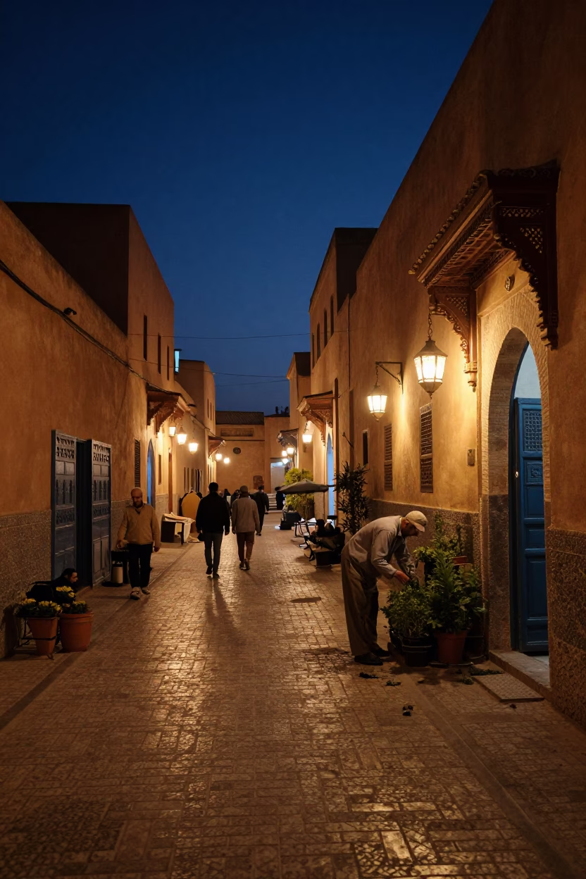 Midnight Street Scene in Fez Morocco with Lanterns and Local Activity in in Fez, Morocco