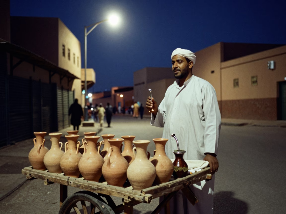 Midnight Street Scene in Fez Morocco with Local Vendor and Traditional Pottery in in Fez, Morocco