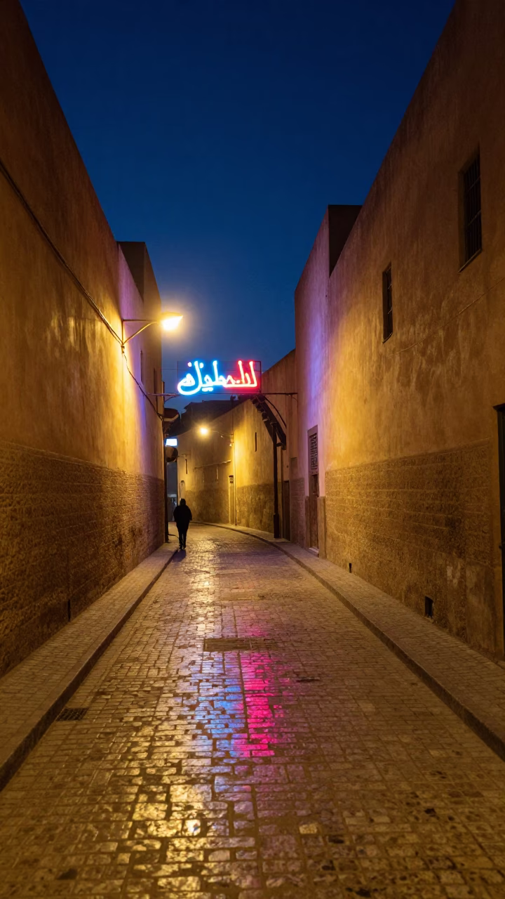 Midnight Street Scene in Fez Morocco with Neon Sign Reflections and Traditional Architecture in in Fez, Morocco