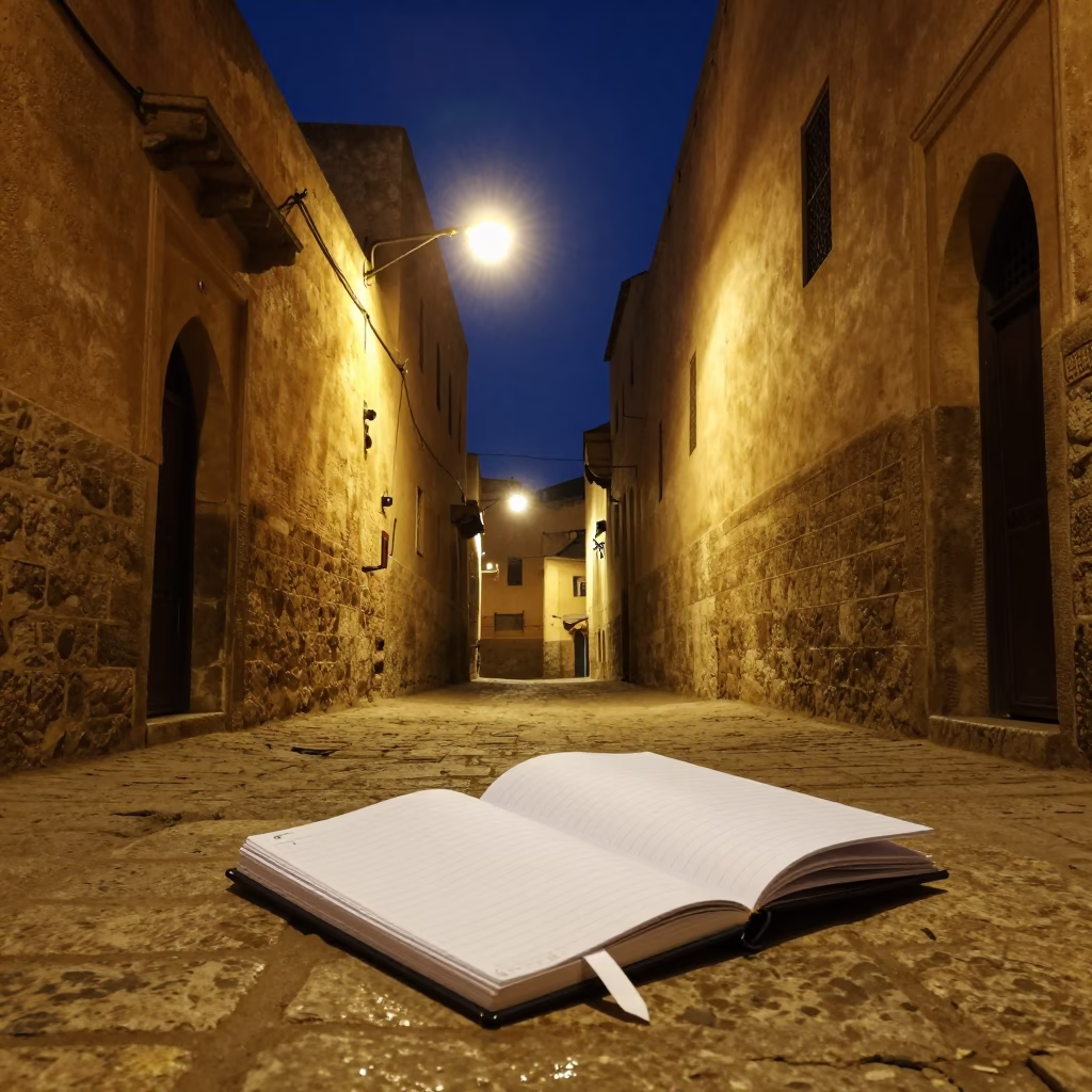 Midnight Street Scene in Fez Morocco with Notebook and Bookmark on Stone Ledge in in Fez, Morocco