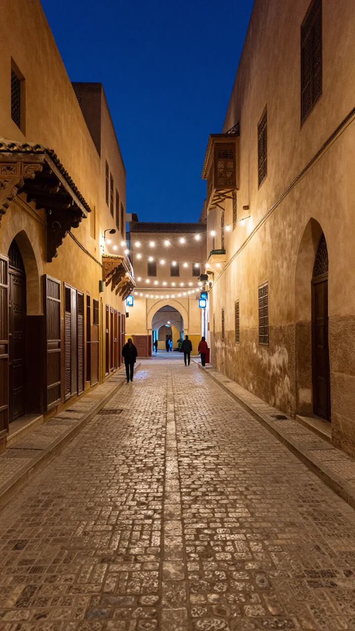 Midnight street scene in Fez Morocco with string lights and traditional architecture in in Fez, Morocco