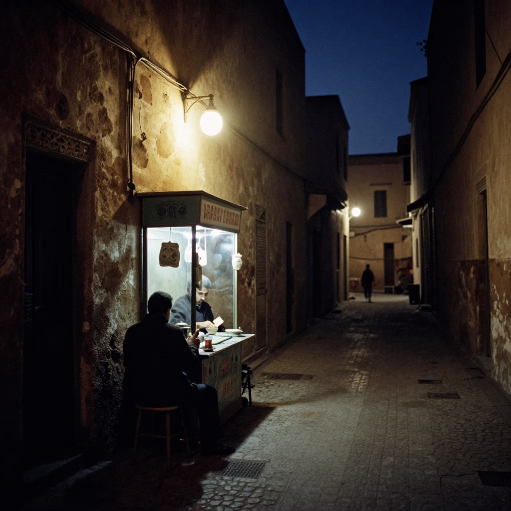 Midnight Street Scene in Fez Morocco with Tea Stains and Vintage Atmosphere in in Fez, Morocco