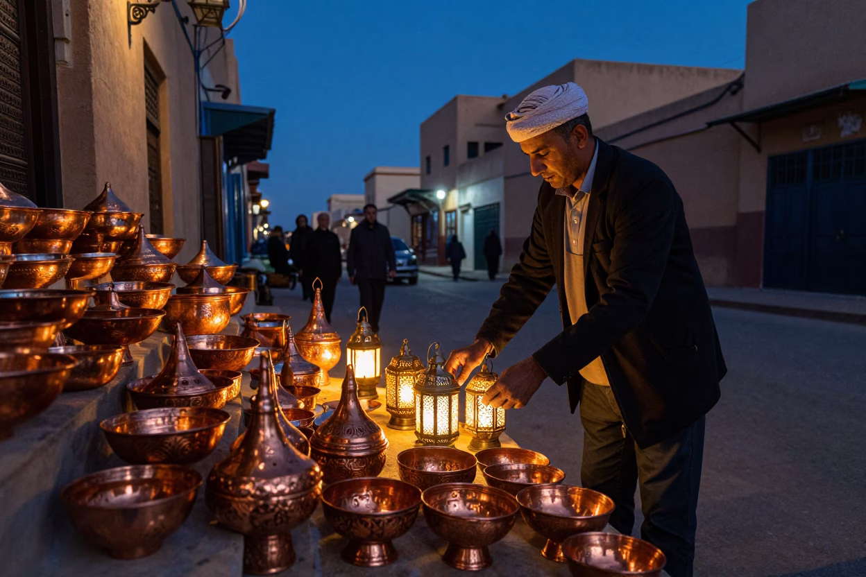 Midnight Street Scene in Fez Morocco with Traditional Copper Bowls and Thermos in in Fez, Morocco