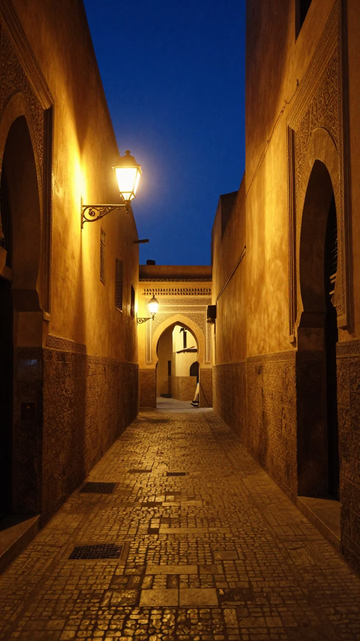 Midnight Street Scene in Fez Morocco with Traditional Lamp and Stone Architecture in in Fez, Morocco