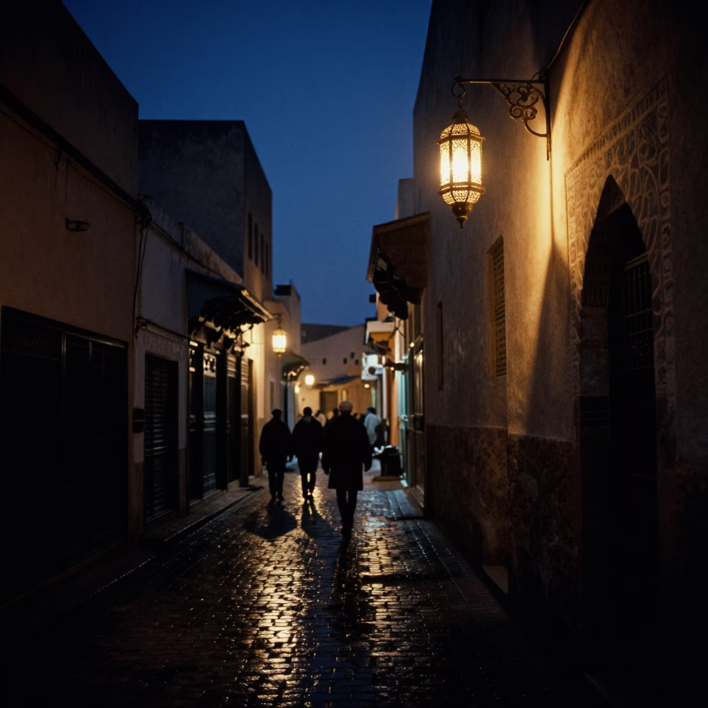 Midnight Street Scene in Fez Morocco with Traditional Lantern and Local Activity in in Fez, Morocco