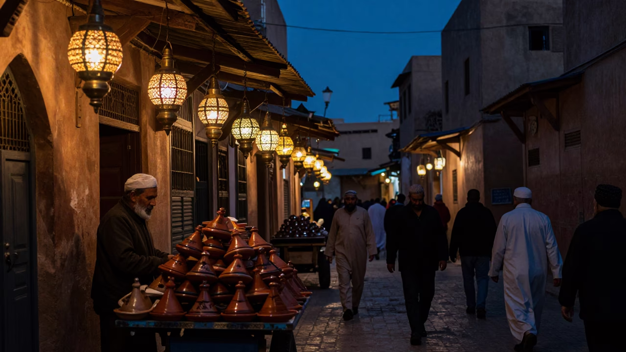 Midnight Street Scene in Fez Morocco with Traditional Lanterns and Local Commerce in in Fez, Morocco