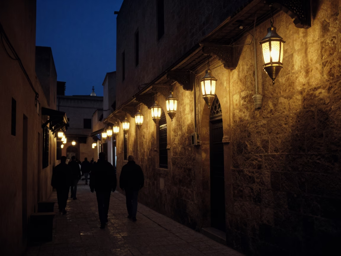 Midnight Street Scene in Fez Morocco with Traditional Lanterns and Night Market Activity in in Fez, Morocco