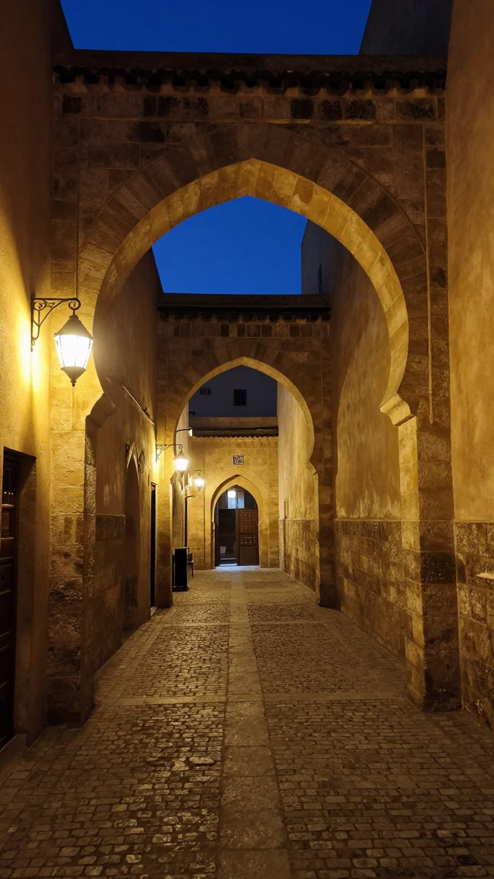 Midnight Street Scene in Fez Morocco with Traditional Lanterns and Stone Architecture in in Fez, Morocco