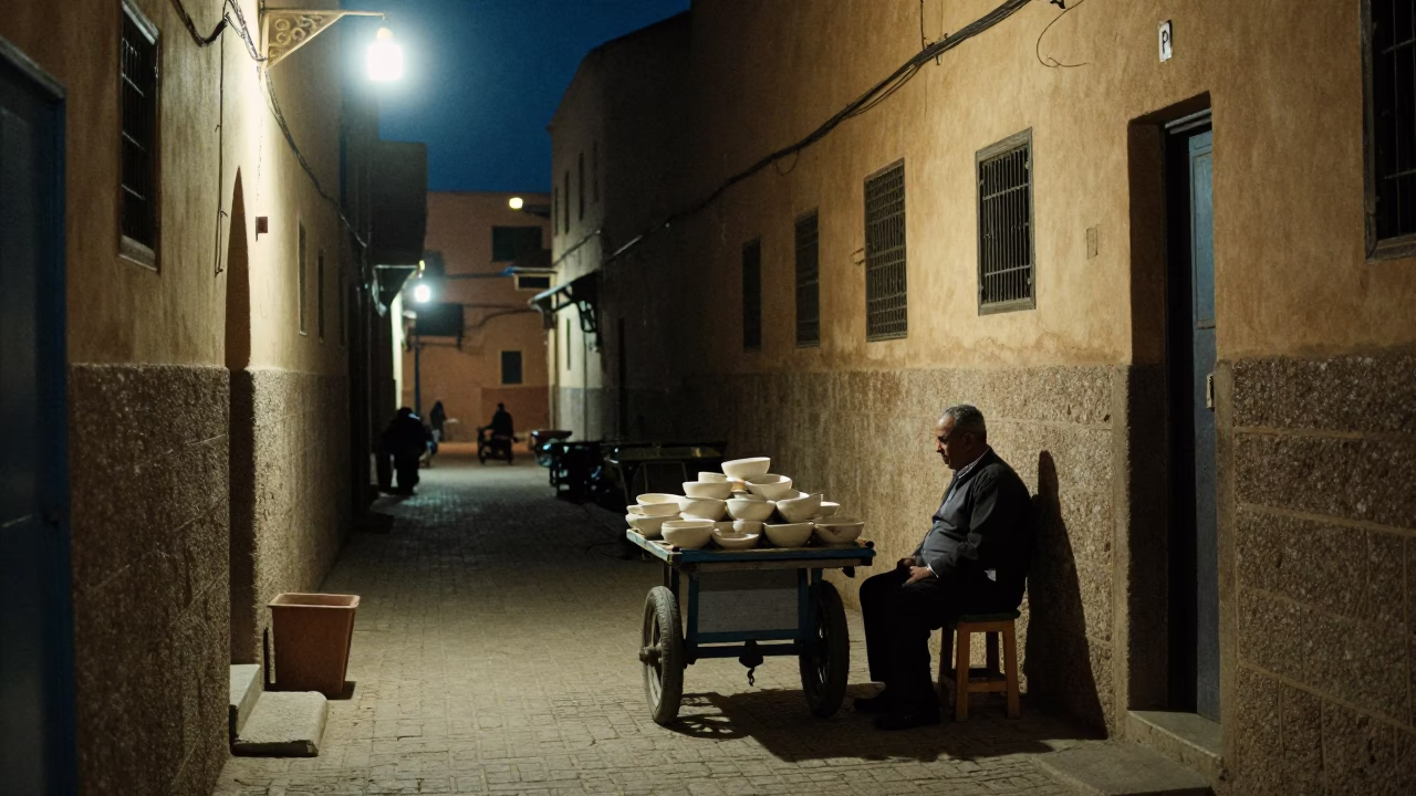 Midnight street scene in Fez Morocco with vendor and ceramic bowl in in Fez, Morocco