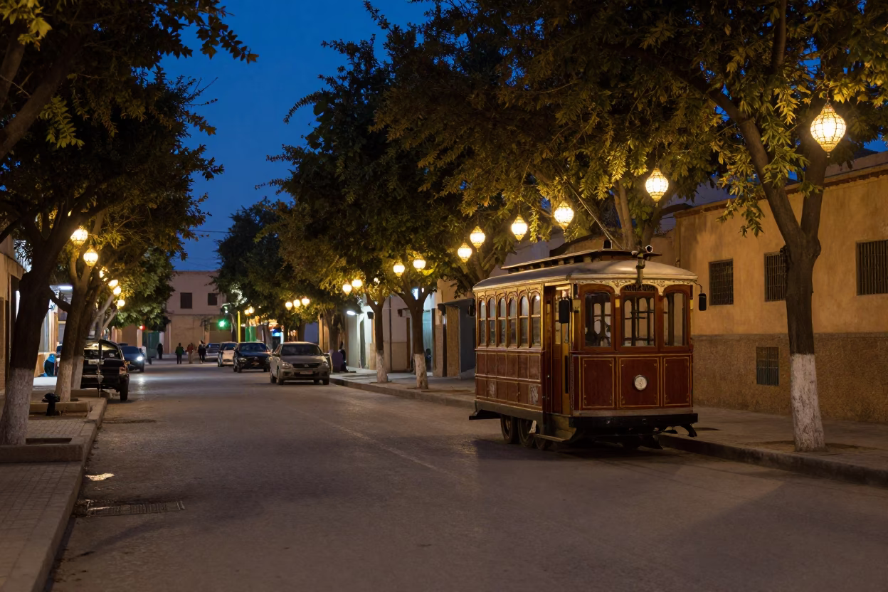 Midnight Street Scene in Fez Morocco With Vintage Trolley And Traditional Lanterns in in Fez, Morocco