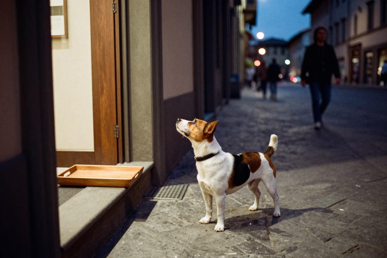 Midnight Street Scene in Florence Italy with Brazilian Terrier and Urban Details in in Florence, Italy