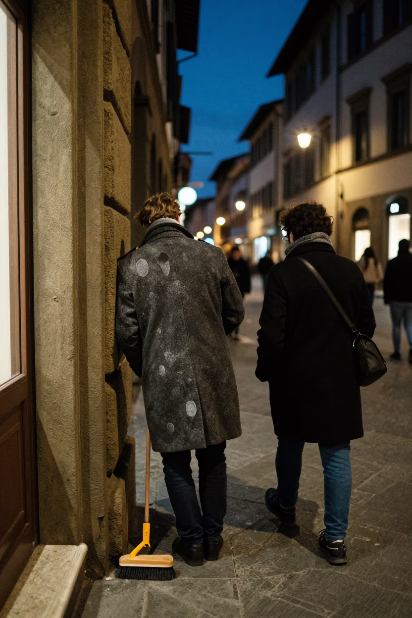 Midnight Street Scene in Florence Italy with Coats and Fingerprint Details in in Florence, Italy