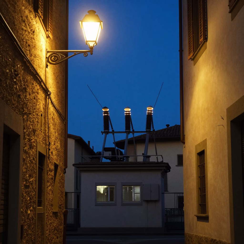 Midnight street scene in Florence Italy with glowing substation busbars and wet cobblestones in in Florence, Italy