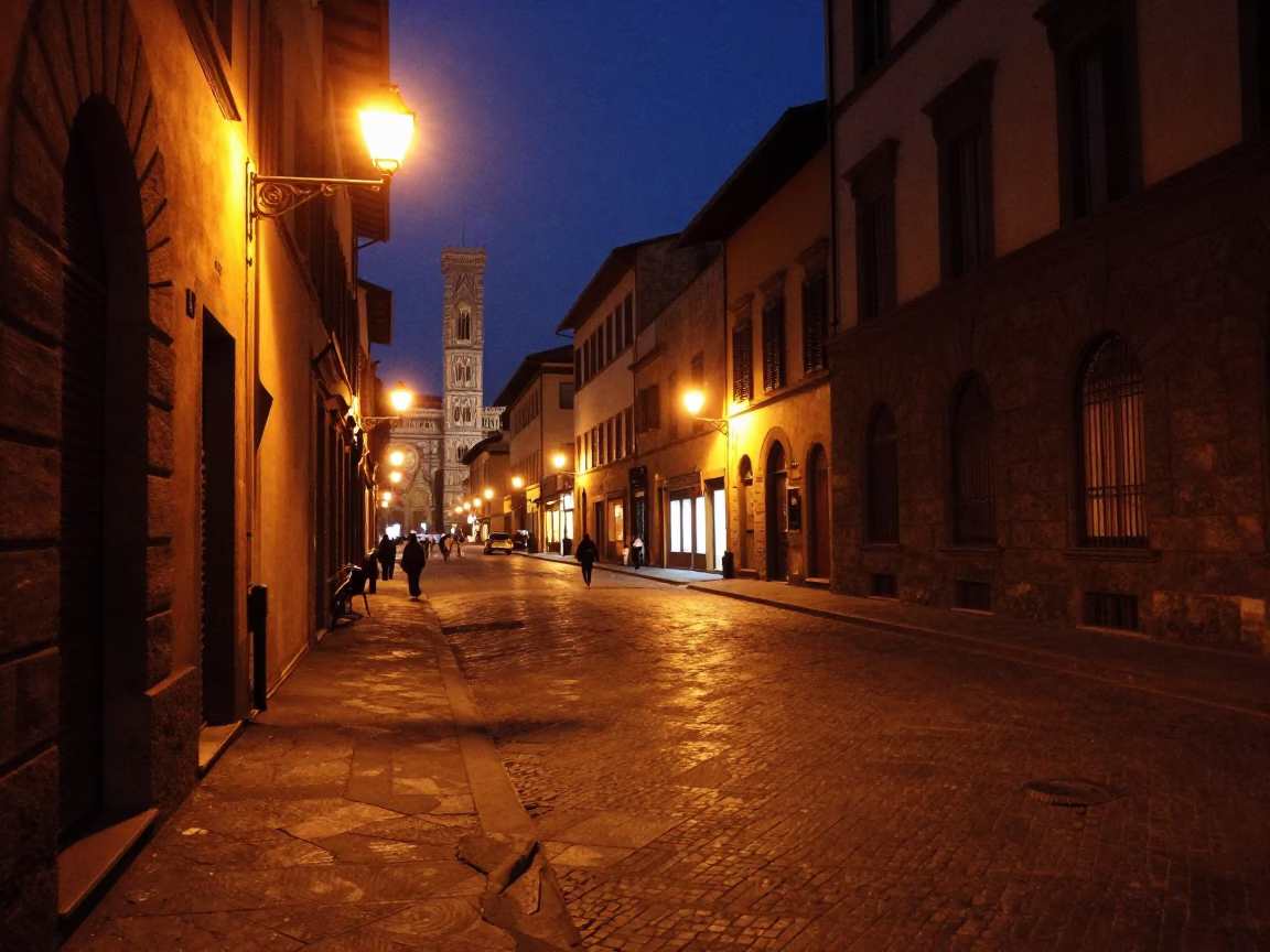 Midnight street scene in Florence Italy with vintage 1980s aesthetic and local architecture in in Florence, Italy