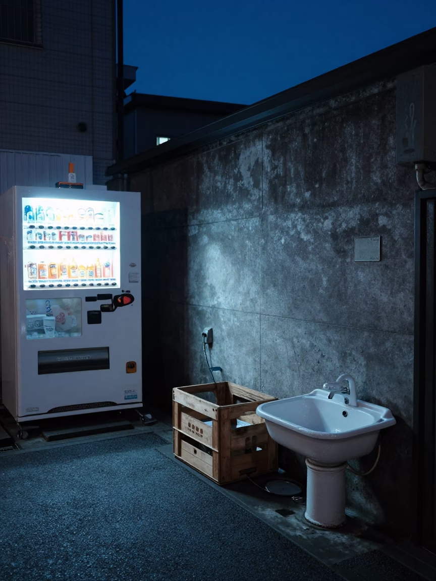 Midnight Street Scene in Fukuoka Japan with Crate and Wash Basin in in Fukuoka, Japan